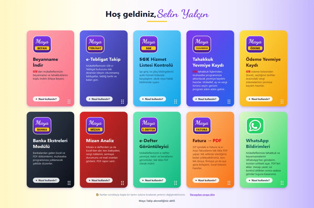 Maya Asistan ana menüsü — on modül kartı